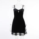 Lace Trimmed Velvet Dress with Bralette and Cross Embellishment - Cosparty