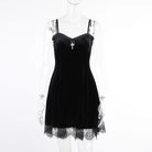 Lace Trimmed Velvet Dress with Bralette and Cross Embellishment - dress