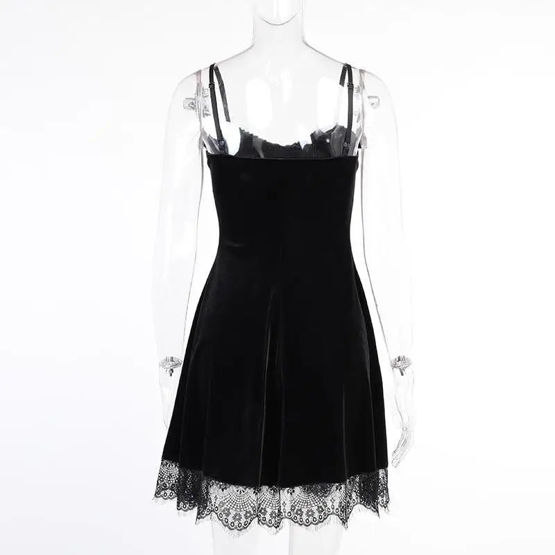 Lace Trimmed Velvet Dress with Bralette and Cross Embellishment - Cosparty