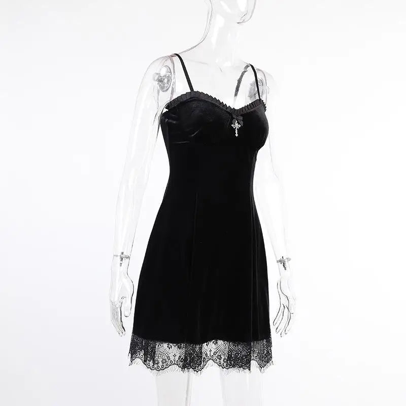 Lace Trimmed Velvet Dress with Bralette and Cross Embellishment - Cosparty