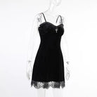 Lace Trimmed Velvet Dress with Bralette and Cross Embellishment - Cosparty