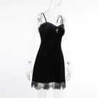 Lace Trimmed Velvet Dress with Bralette and Cross Embellishment - dress