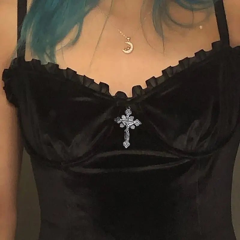 Lace Trimmed Velvet Dress with Bralette and Cross Embellishment - Cosparty