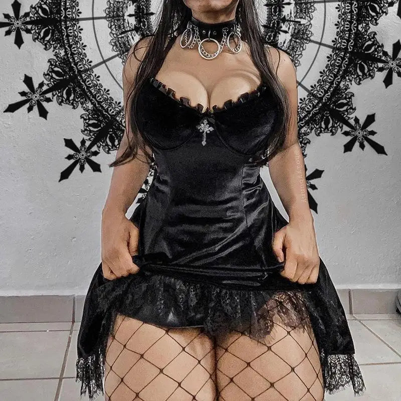 Lace Trimmed Velvet Dress with Bralette and Cross Embellishment - Cosparty