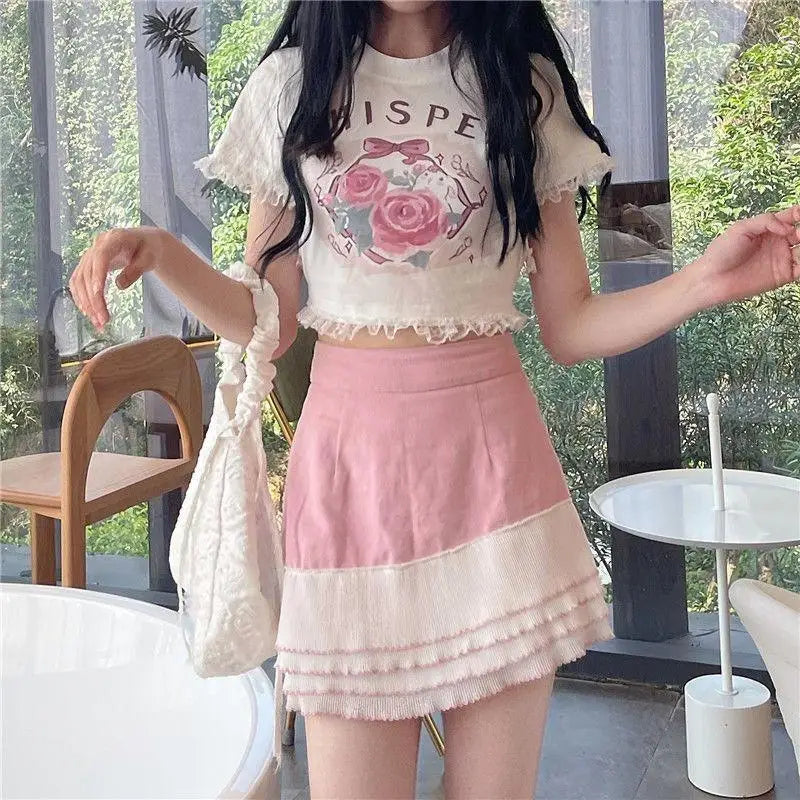 Lace Trimmed Whisper Crop Top with Baby Bunny and Roses Design - crop top