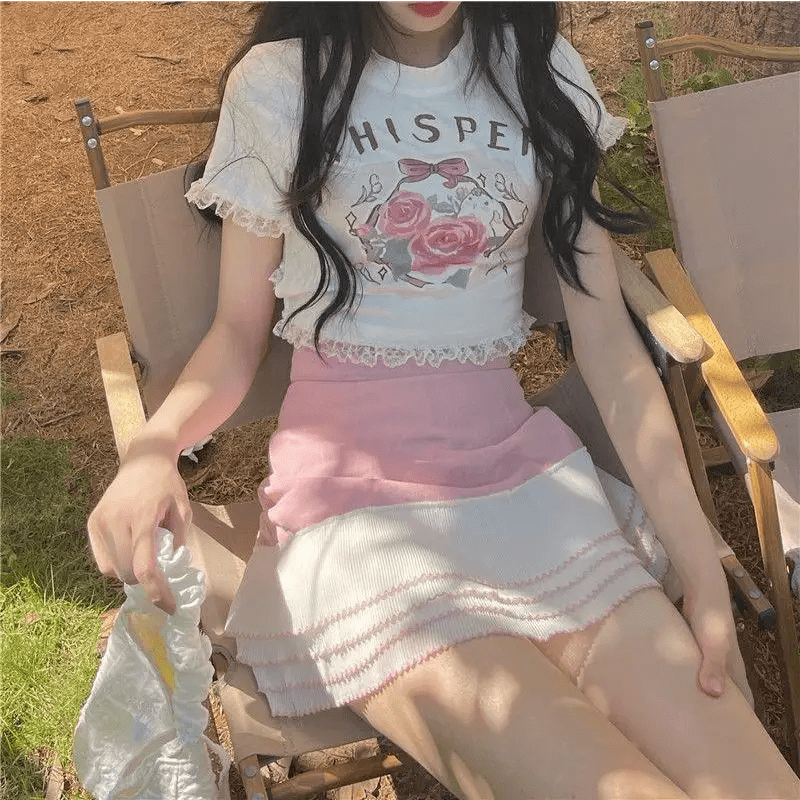 Lace Trimmed Whisper Crop Top with Baby Bunny and Roses Design - Cosparty