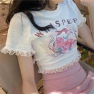 Lace Trimmed Whisper Crop Top with Baby Bunny and Roses Design - Cosparty