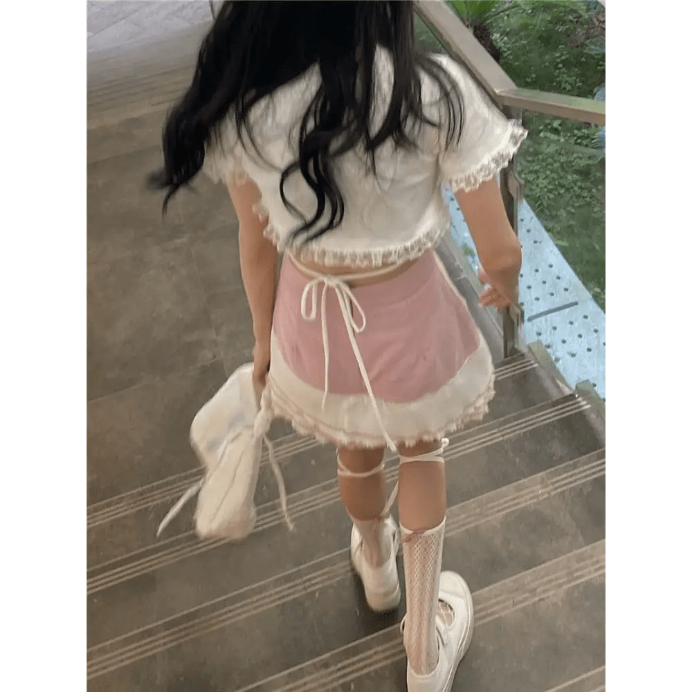 Lace Trimmed Whisper Crop Top with Baby Bunny and Roses Design - Cosparty