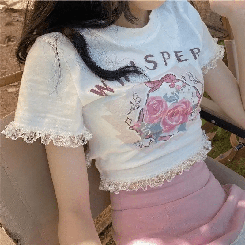 Lace Trimmed Whisper Crop Top with Baby Bunny and Roses Design - Cosparty