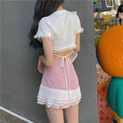 Lace Trimmed Whisper Crop Top with Baby Bunny and Roses Design - Cosparty