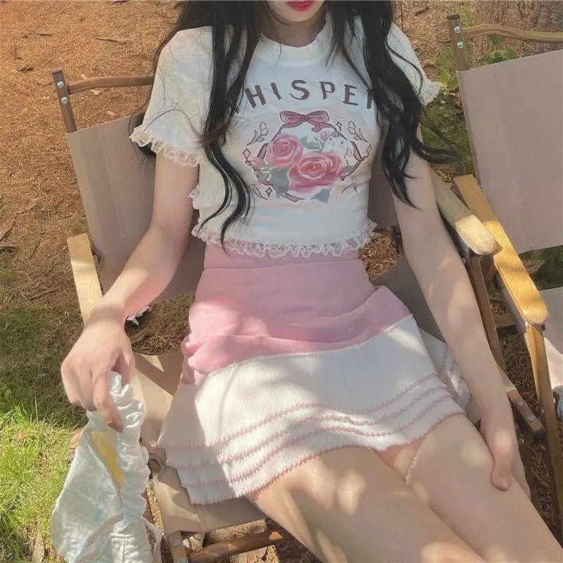 Lace Trimmed Whisper Crop Top with Baby Bunny and Roses Design - Cosparty