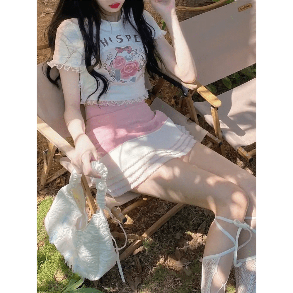 Lace Trimmed Whisper Crop Top with Baby Bunny and Roses Design - Cosparty