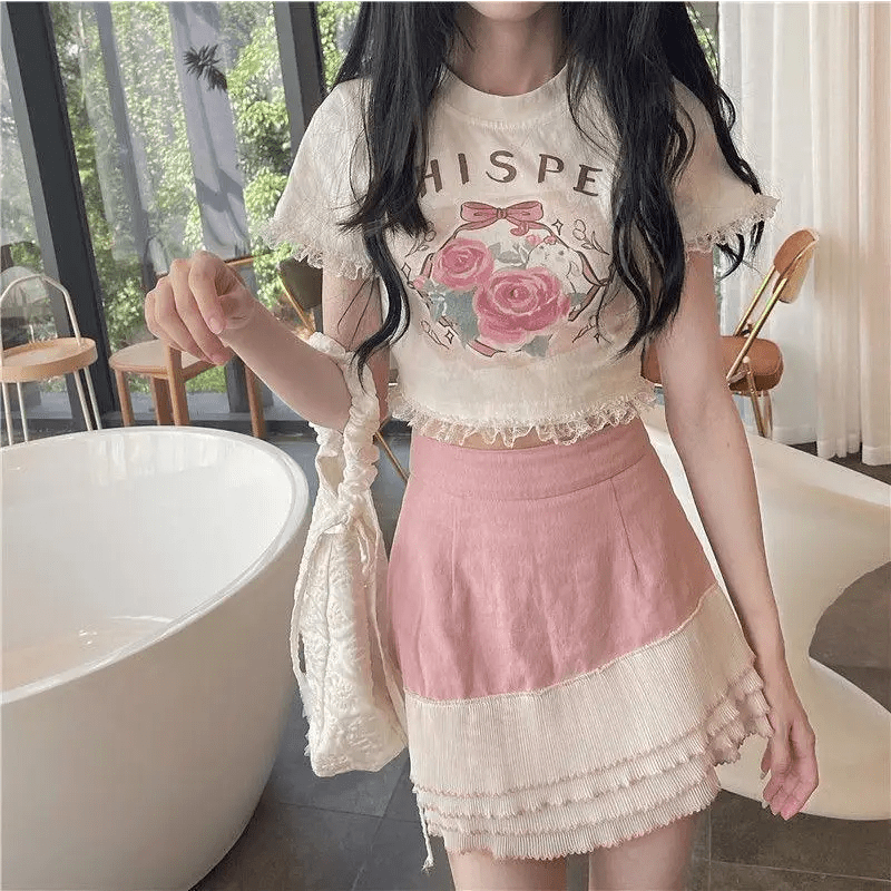 Lace Trimmed Whisper Crop Top with Baby Bunny and Roses Design - Cosparty