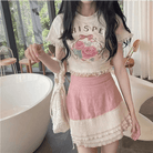 Lace Trimmed Whisper Crop Top with Baby Bunny and Roses Design - Cosparty