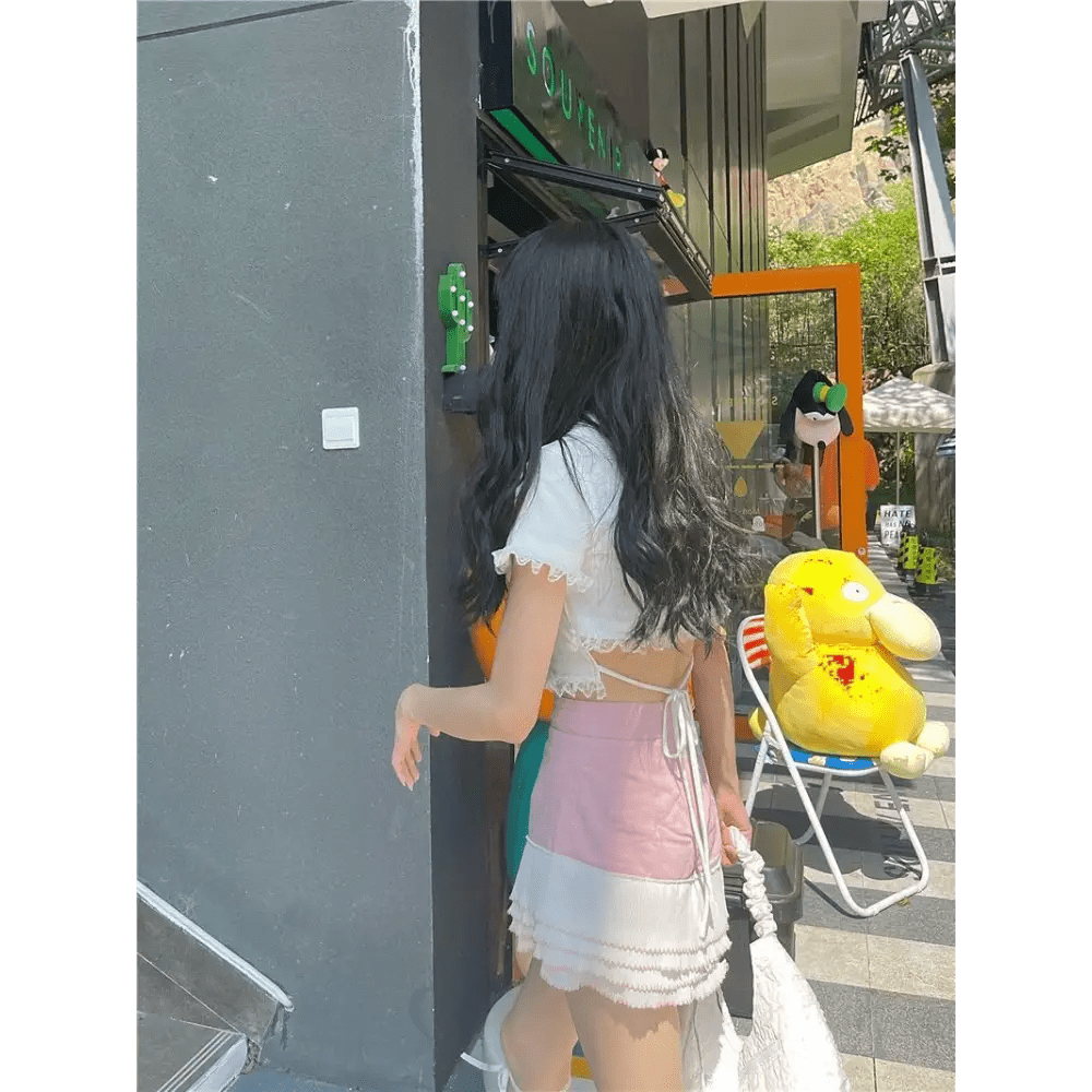 Lace Trimmed Whisper Crop Top with Baby Bunny and Roses Design - Cosparty