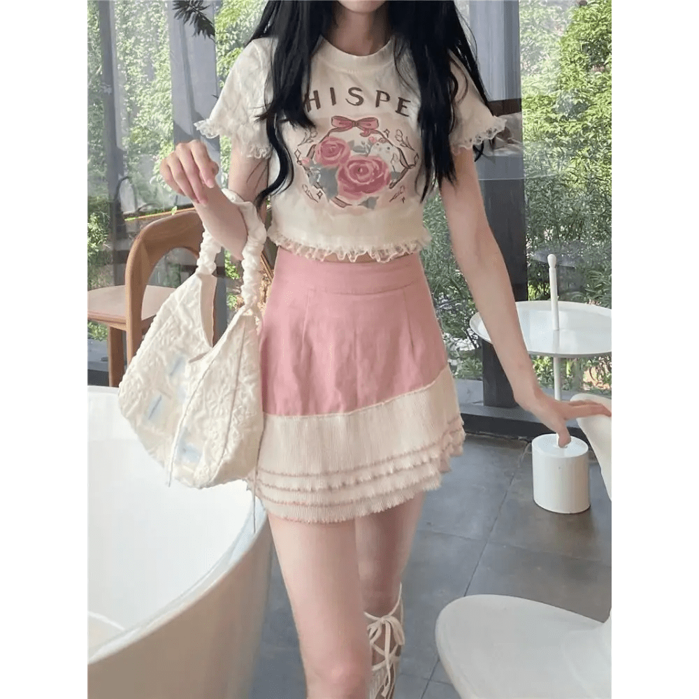 Lace Trimmed Whisper Crop Top with Baby Bunny and Roses Design - Cosparty