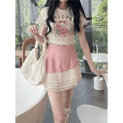 Lace Trimmed Whisper Crop Top with Baby Bunny and Roses Design - Cosparty