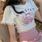 Lace Trimmed Whisper Crop Top with Baby Bunny and Roses Design - crop top