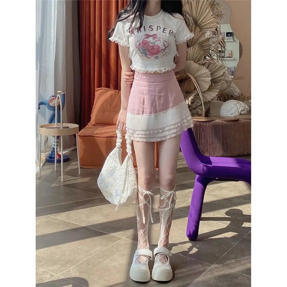 Lace Trimmed Whisper Crop Top with Baby Bunny and Roses Design - Cosparty