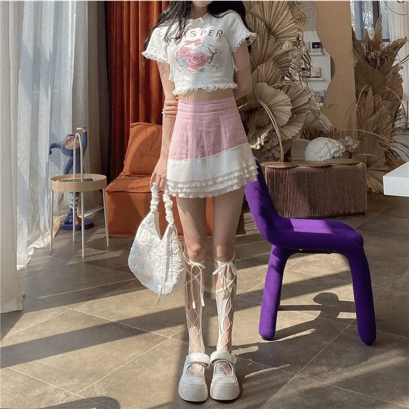 Lace Trimmed Whisper Crop Top with Baby Bunny and Roses Design - Cosparty