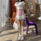 Lace Trimmed Whisper Crop Top with Baby Bunny and Roses Design - Cosparty