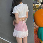 Lace Trimmed Whisper Crop Top with Baby Bunny and Roses Design - Cosparty