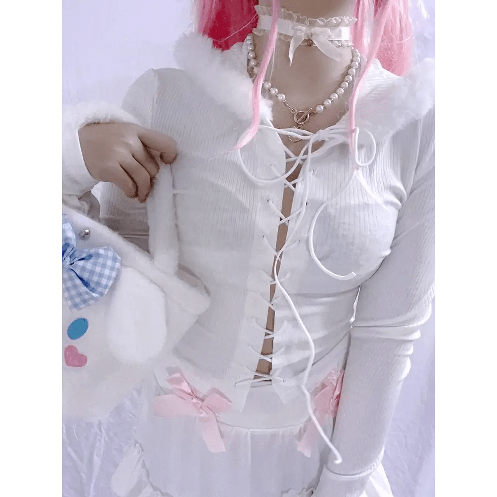 Lace Up Fur Hooded Cardigan in Striped Cable Knit Fabric - Cosparty