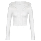 Lace Up Fur Hooded Cardigan in Striped Cable Knit Fabric - Cosparty