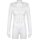 Lace Up Fur Hooded Cardigan in Striped Cable Knit Fabric - Cosparty