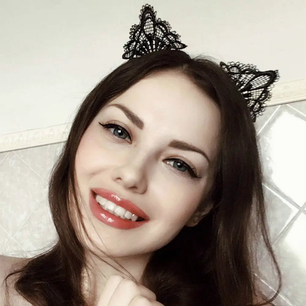 Lacy Cat Ear Headband with Black Lace Embellishments - Accessories