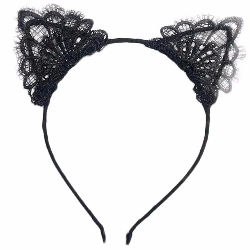 Lacy Cat Ear Headband with Black Lace Embellishments - Accessories