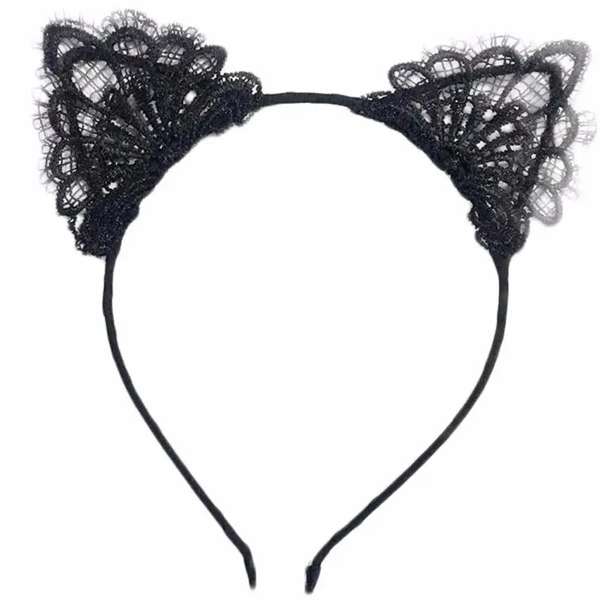 Lacy Cat Ear Headband with Black Lace Embellishments - Cosparty