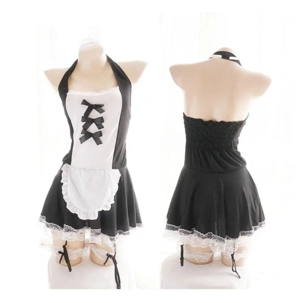 Lacy French Maid Inspired Dress with Matching Accessories - Three Ribbon Front - dress