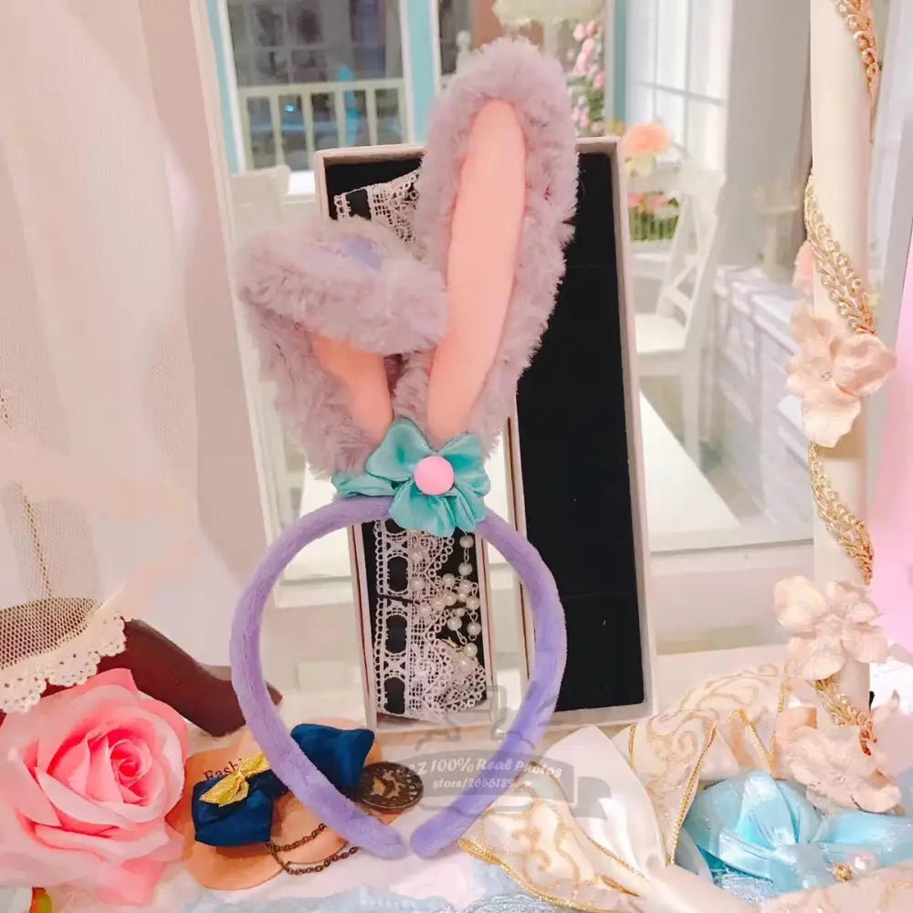 Lavender Bunny Ear Headband with Silky Blue Bow - Cosparty