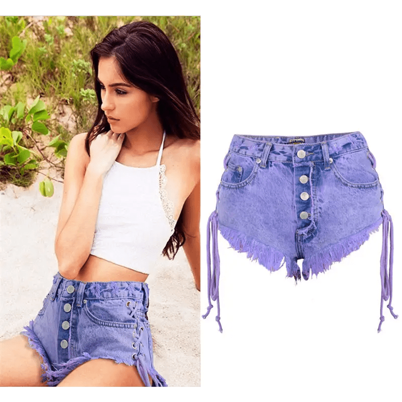Lavender High Waisted Distressed Denim Shorts with Lace - Up Sides - Cosparty