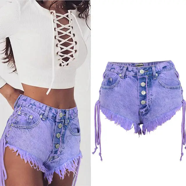 purple stone wash high waisted purple short shorts denim jean button up laces frayed distressed Cosparty