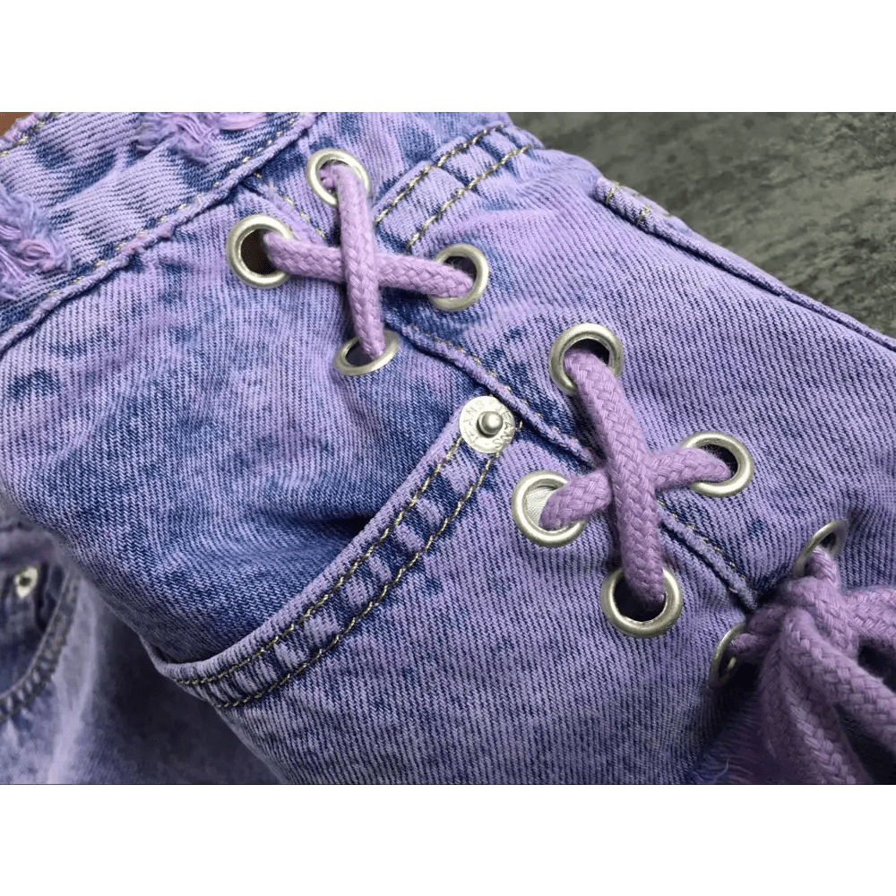 Lavender High Waisted Distressed Denim Shorts with Lace - Up Sides - Cosparty