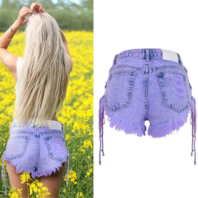 Lavender High Waisted Distressed Denim Shorts with Lace - Up Sides - Cosparty
