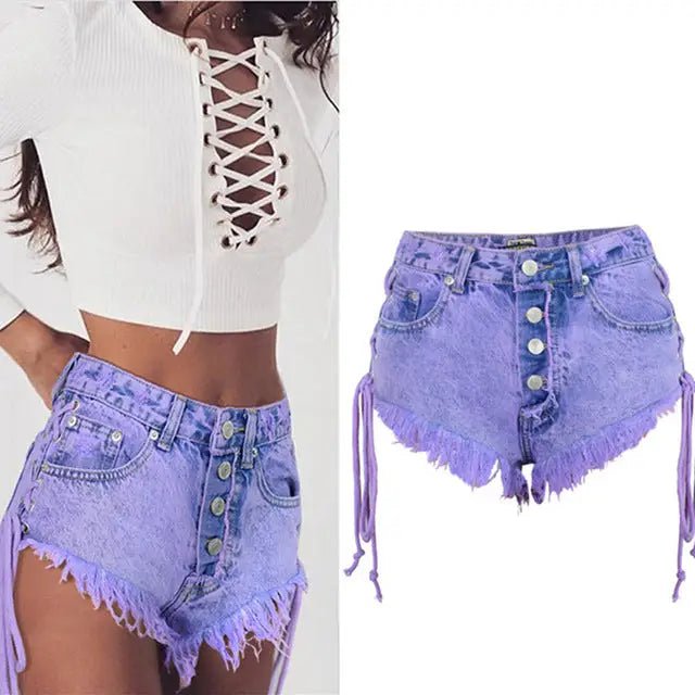 Lavender High Waisted Distressed Denim Shorts with Lace - Up Sides - Cosparty