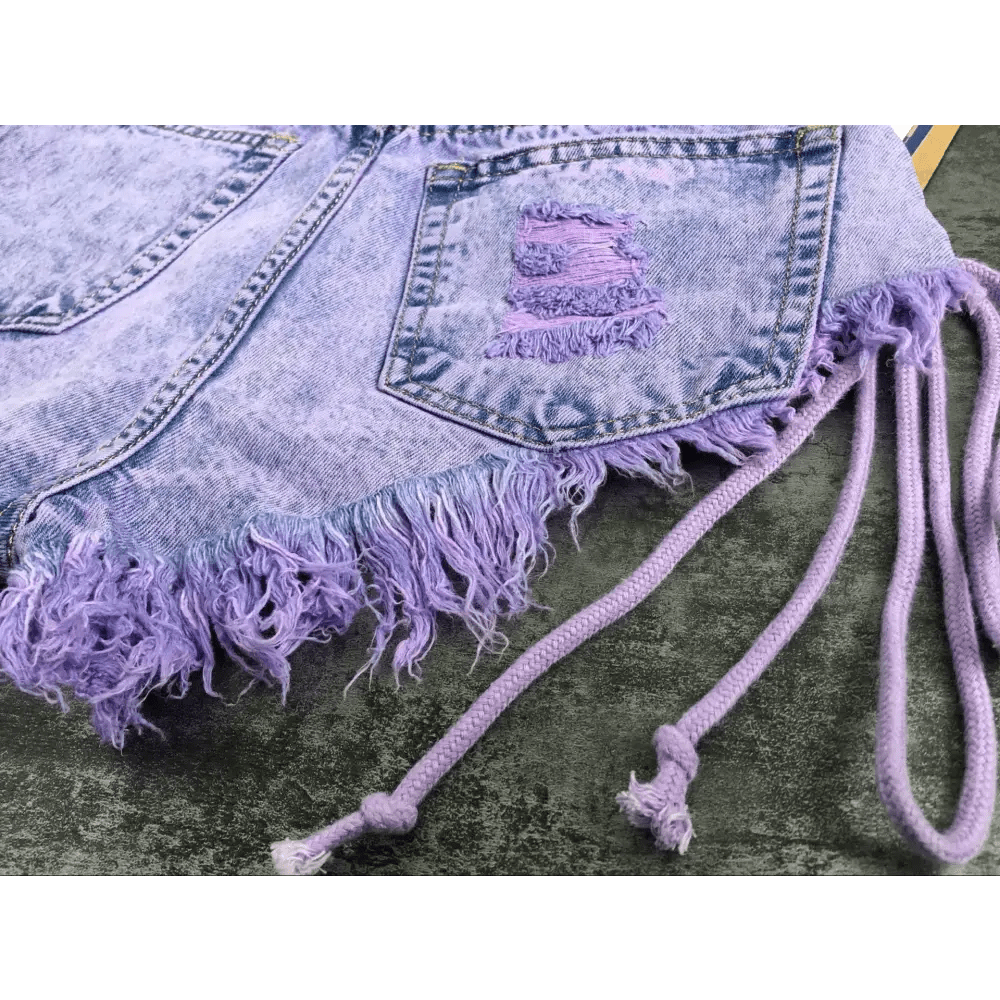 Lavender High Waisted Distressed Denim Shorts with Lace - Up Sides - Cosparty