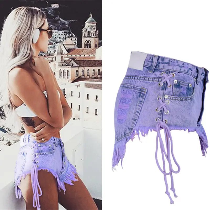 Lavender High Waisted Distressed Denim Shorts with Lace - Up Sides - Cosparty