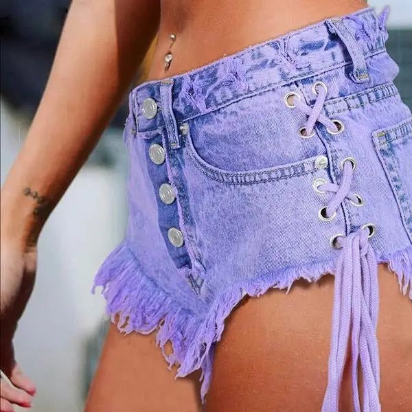 Lavender High Waisted Distressed Denim Shorts with Lace - Up Sides - Cosparty