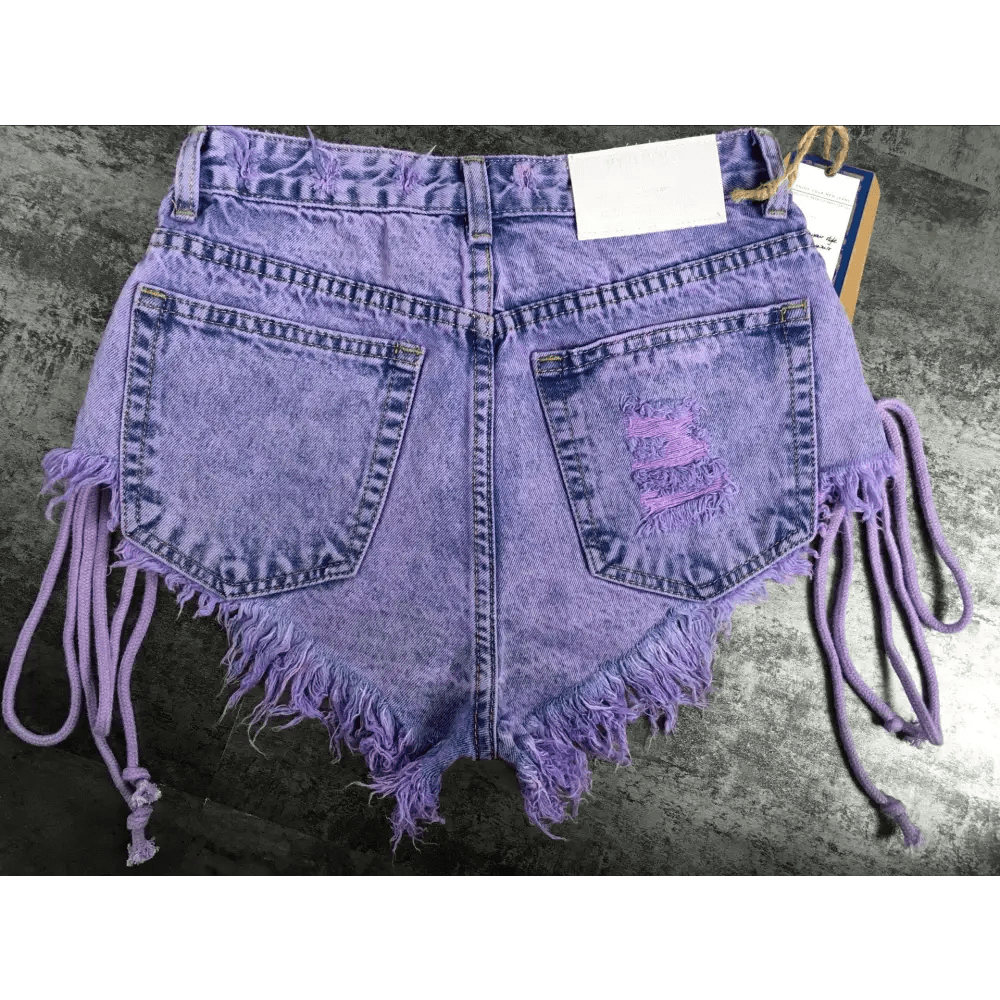 Lavender High Waisted Distressed Denim Shorts with Lace - Up Sides - Cosparty