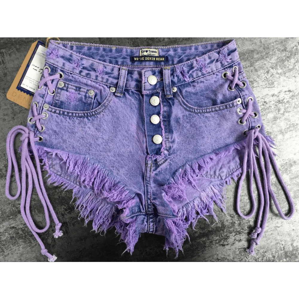 Lavender High Waisted Distressed Denim Shorts with Lace - Up Sides - Cosparty