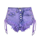 Lavender High Waisted Distressed Denim Shorts with Lace - Up Sides - Cosparty