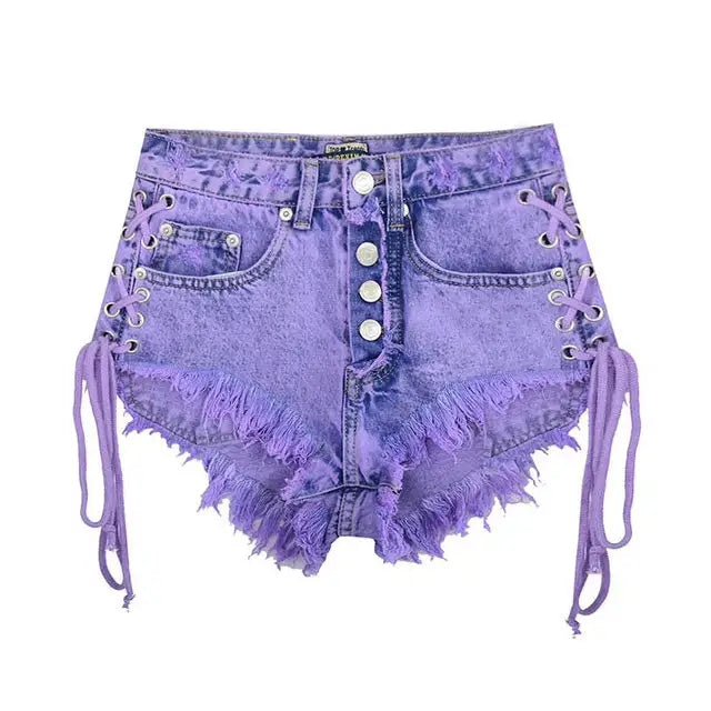 Lavender High Waisted Distressed Denim Shorts with Lace - Up Sides - Cosparty