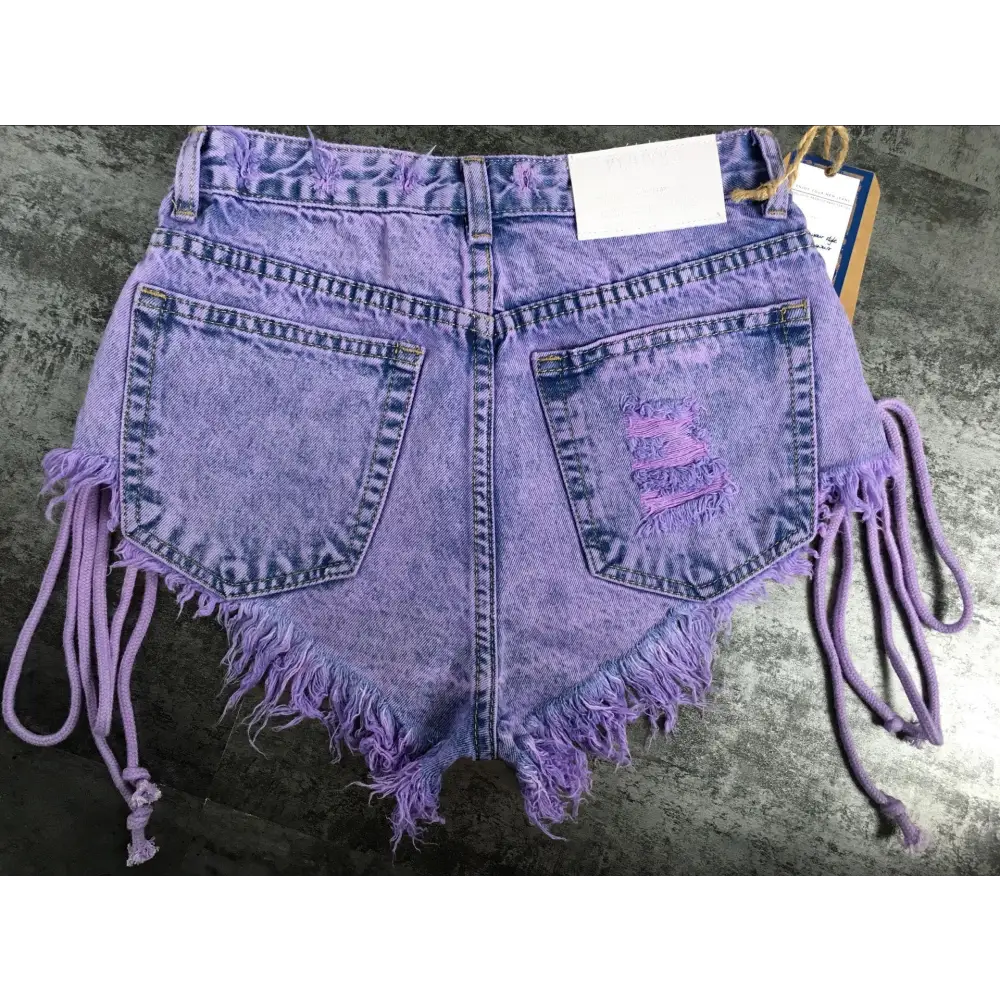 Lavender High Waisted Distressed Denim Shorts with Lace-Up Sides - Shorts