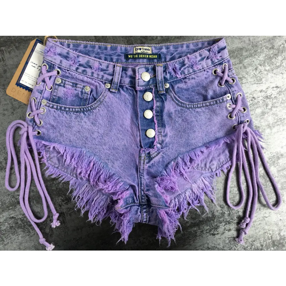 Lavender High Waisted Distressed Denim Shorts with Lace-Up Sides - Shorts