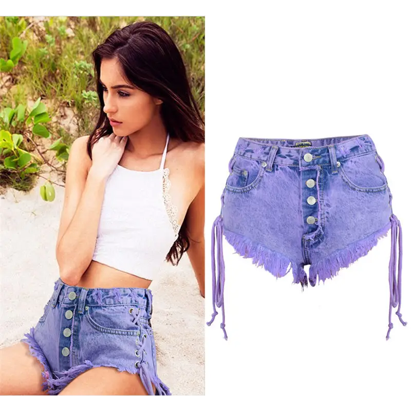 Lavender High Waisted Distressed Denim Shorts with Lace-Up Sides - Shorts