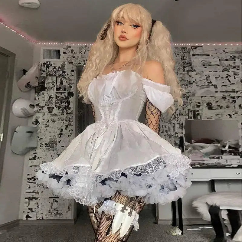 Layered Babydoll Maiden Dress in White or Black - dress